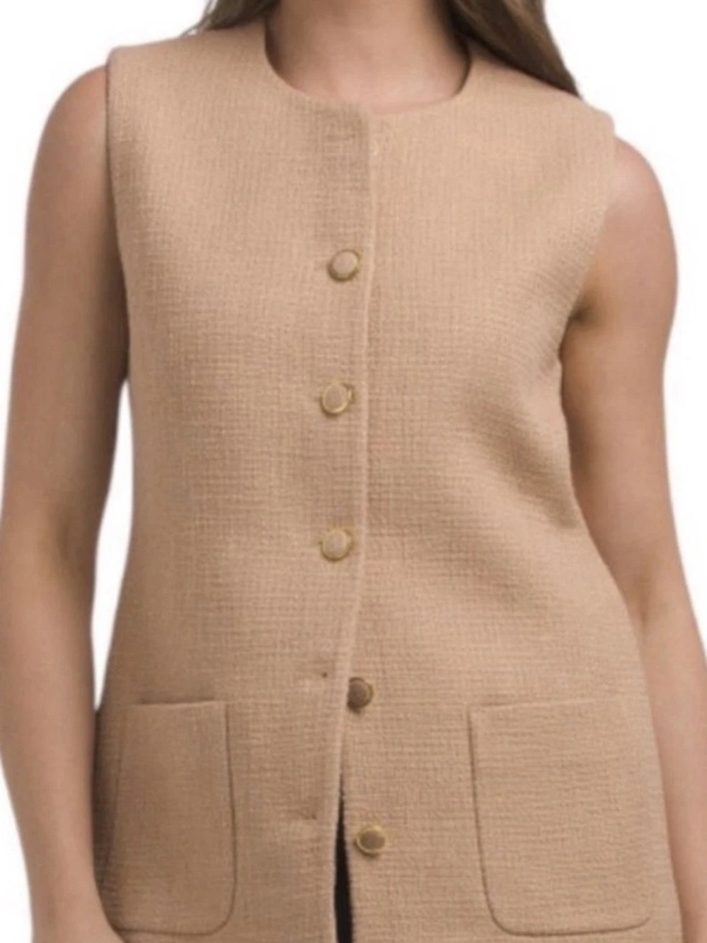 Elie Tahari Women's Camel Woven Sleeveless Vest with Gold Buttons